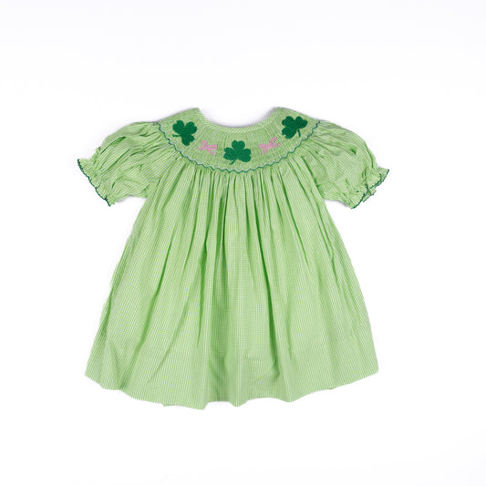 Shop Teeta Girls Kate Dress - Green Gingham Smocked St. Pat's Clovers by Shop Teeta