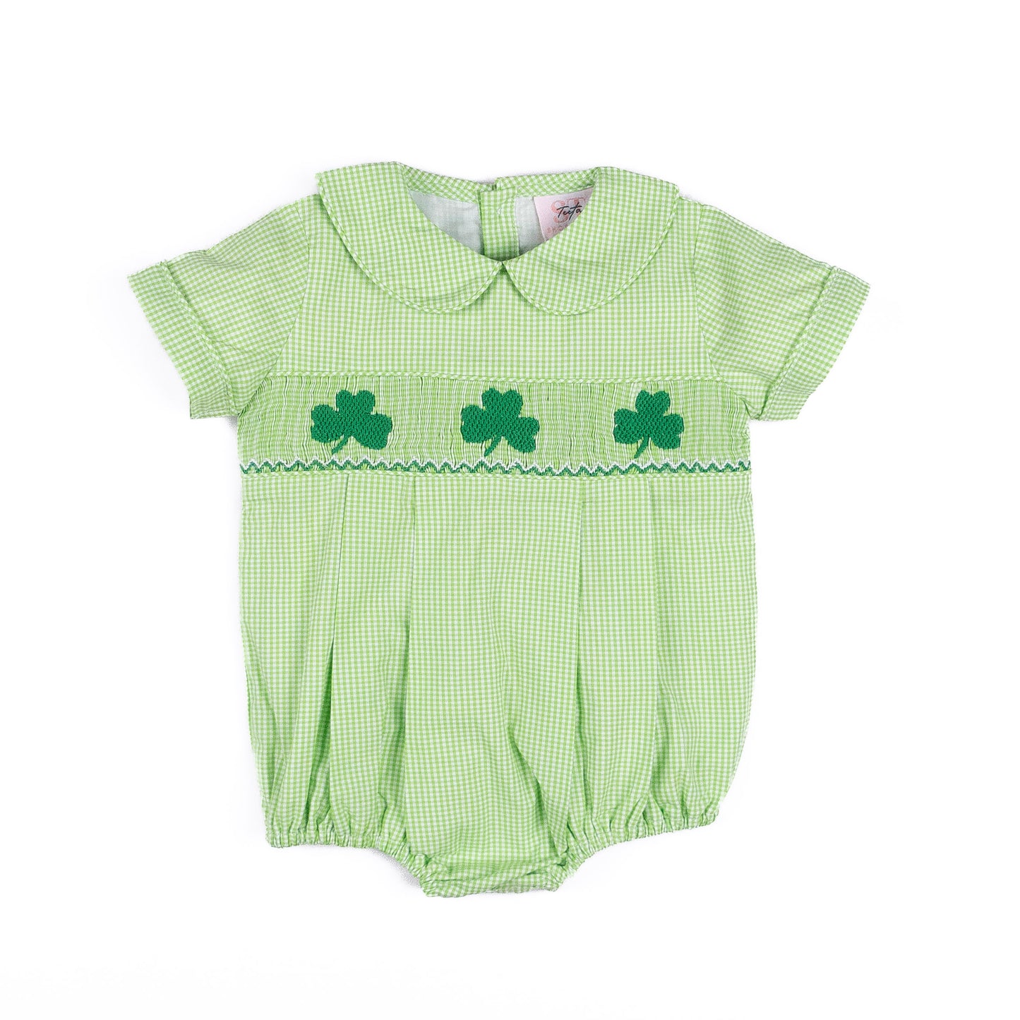 Shop Teeta Baby Boys Noah Bubble - Green Gingham Smocked St. Pat's Clovers by Shop Teeta