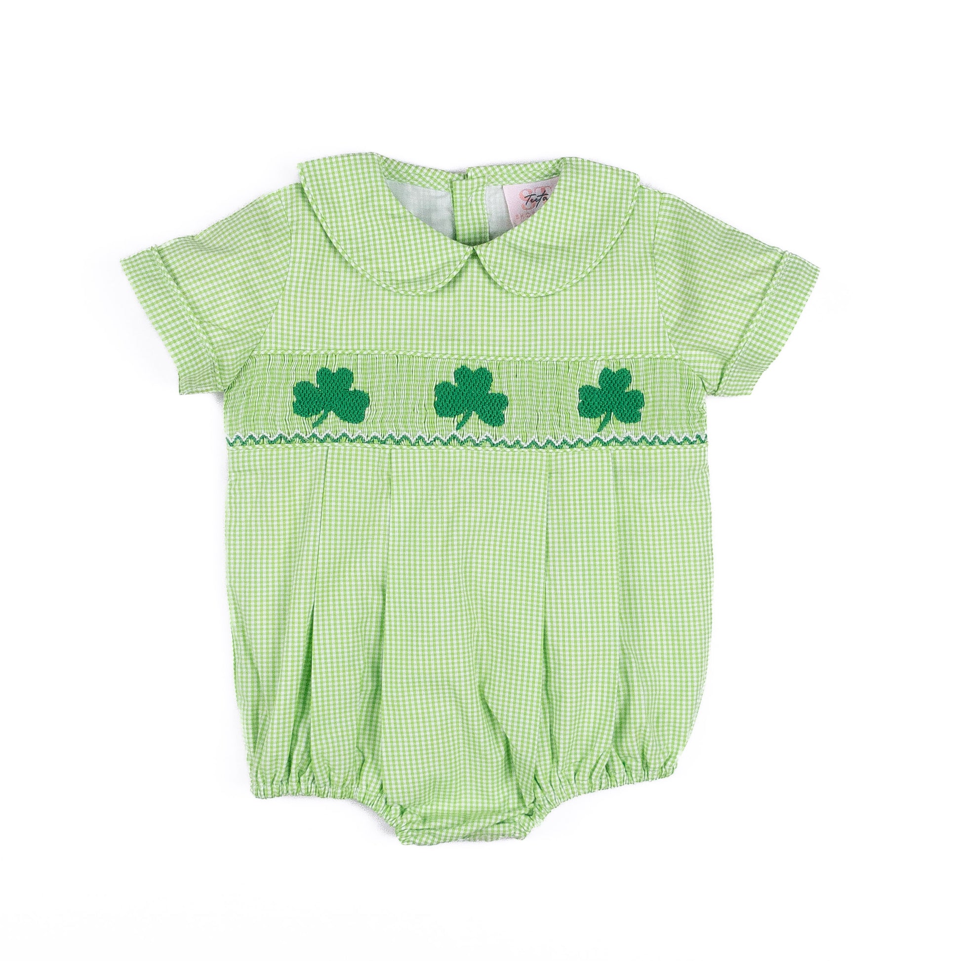 Shop Teeta Baby Boys Noah Bubble - Green Gingham Smocked St. Pat's Clovers
