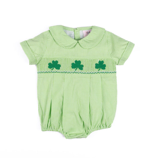Shop Teeta Baby Boys Noah Bubble - Green Gingham Smocked St. Pat's Clovers by Shop Teeta