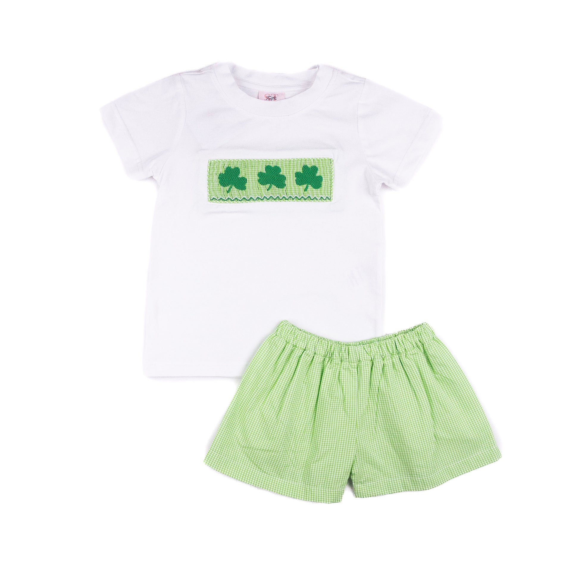 Shop Teeta Boys Wyatt Shorts Set - Green Gingham Smocked St. Pat's Clovers