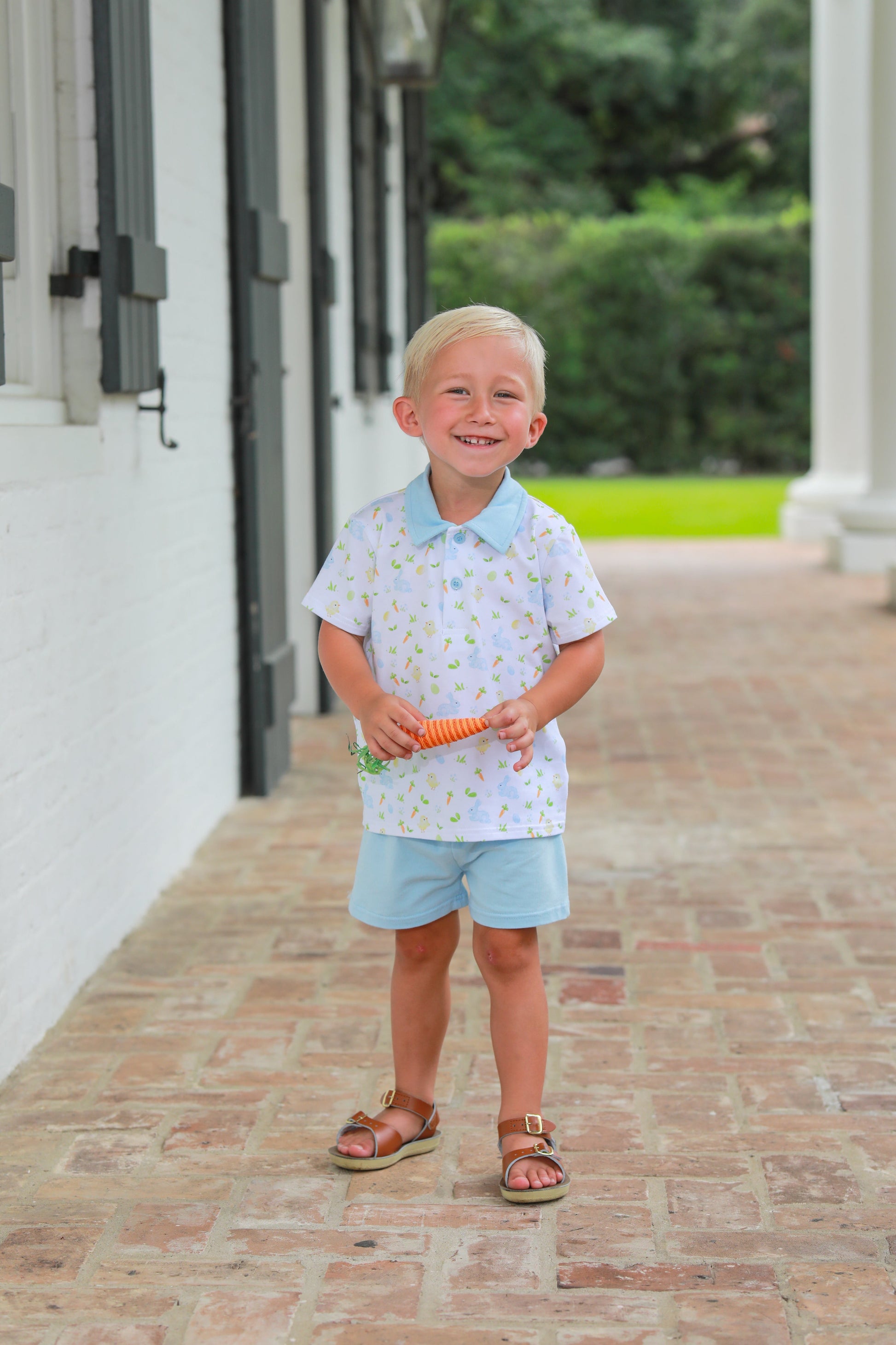 Trotter Street Kids Boys Blue Easter Bunny Cottontail Polo Shorts Set