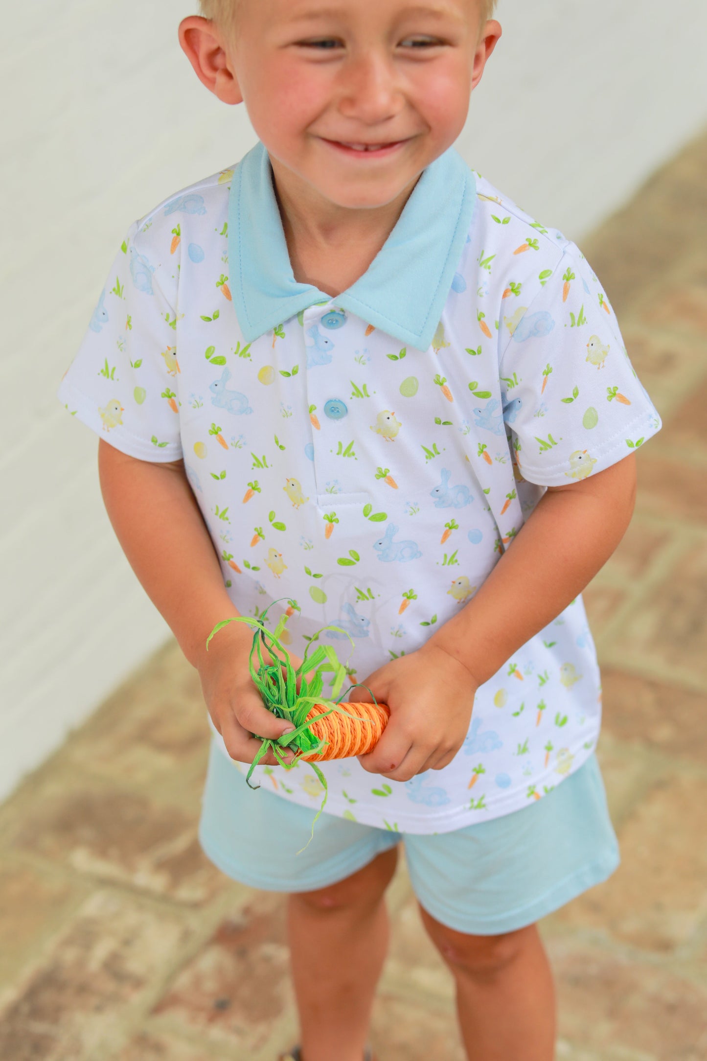 Trotter Street Kids Boys Blue Easter Bunny Cottontail Polo Shorts Set by Trotter Street Kids