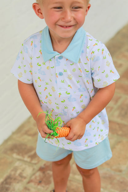 Trotter Street Kids Boys Blue Easter Bunny Cottontail Polo Shorts Set by Trotter Street Kids