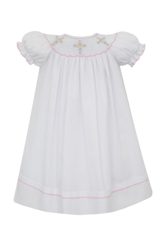 Anavini Girls White Batiste Bishop Dress with Smocked Crosses by Anavini
