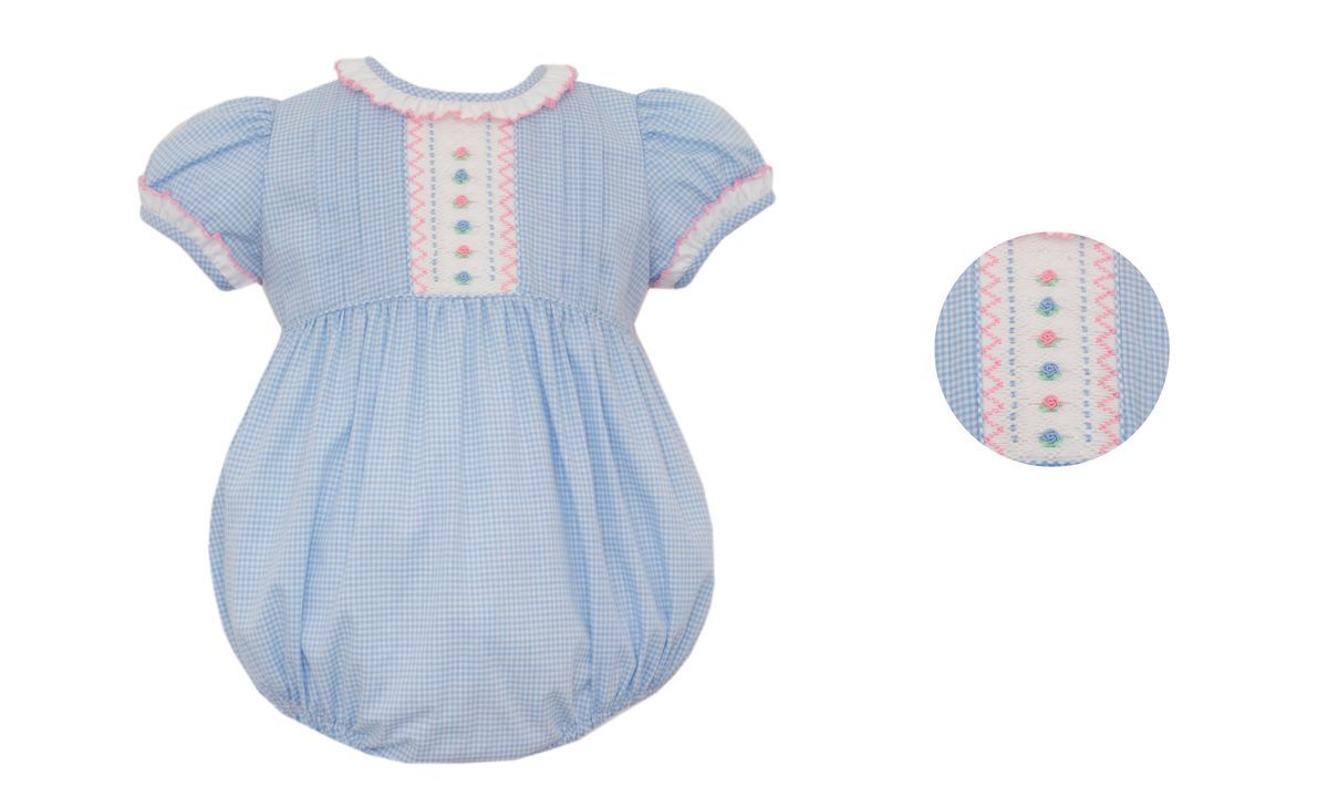 Anavini Couture Baby Girls Blue Gingham Bubble - Smocked Bodice