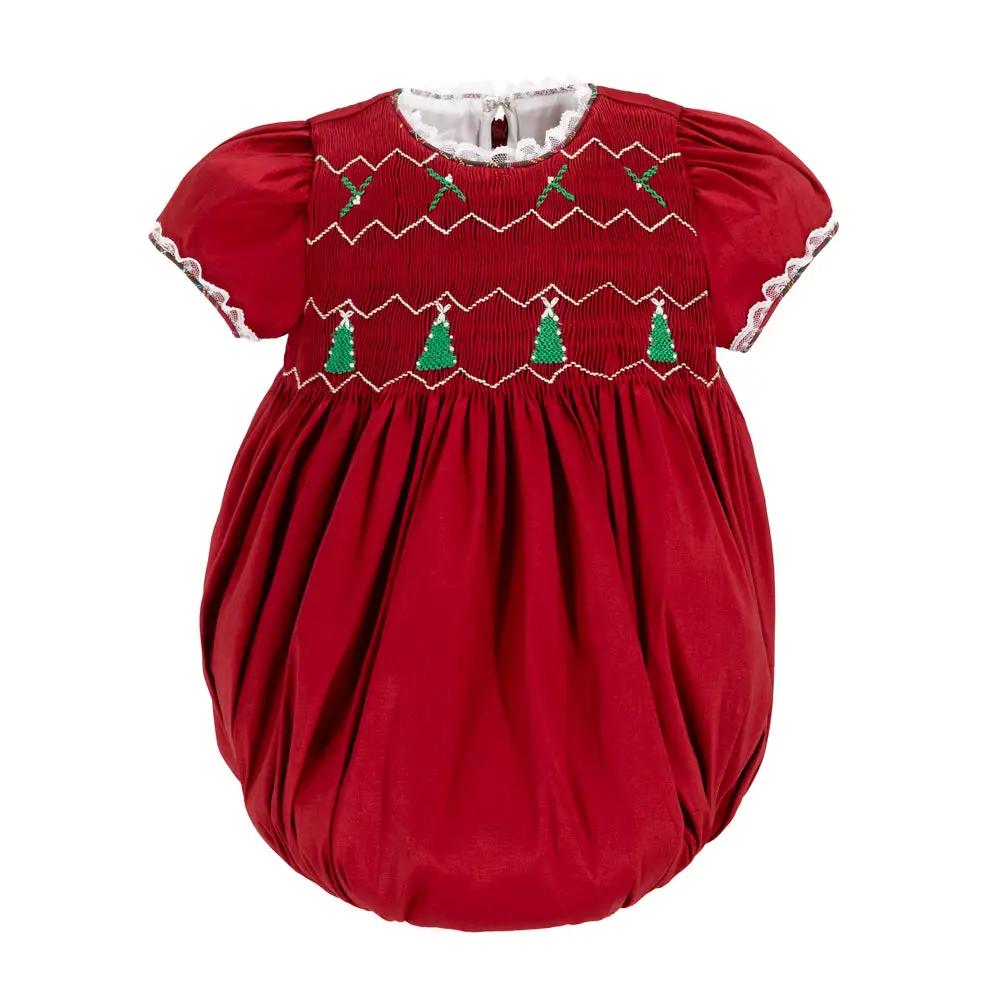 La Boutique by Dondolo Girls Bubble - Red with Smocked Christmas Trees & Plaid Bows by Dondolo