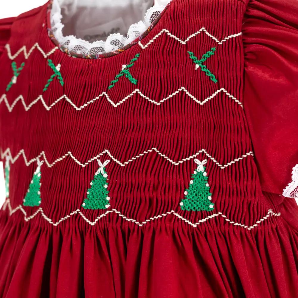 La Boutique by Dondolo Girls Bubble - Red with Smocked Christmas Trees & Plaid Bows by Dondolo