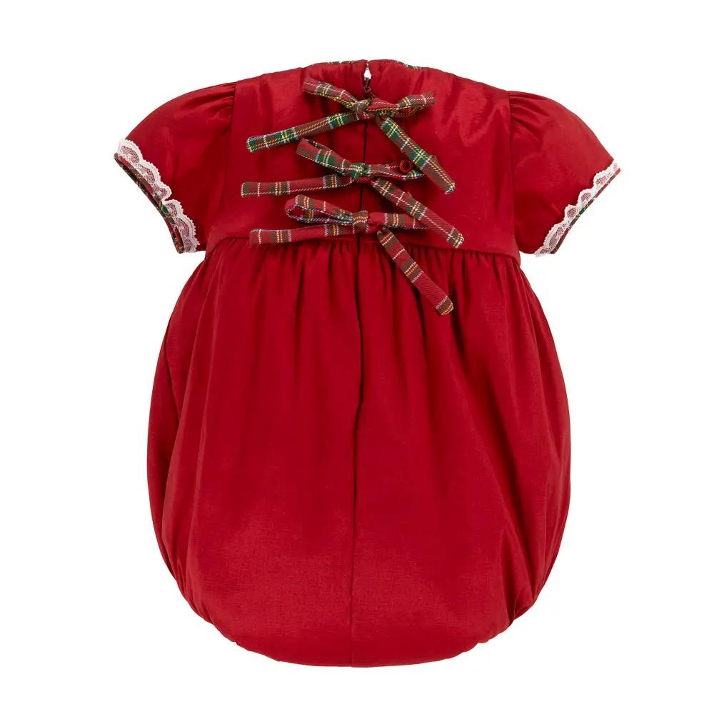 La Boutique by Dondolo Girls Bubble - Red with Smocked Christmas Trees & Plaid Bows by Dondolo