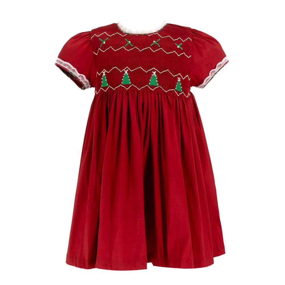 La Boutique by Dondolo Girls Dress - Red with Smocked Christmas Trees & Plaid Bows by Dondolo