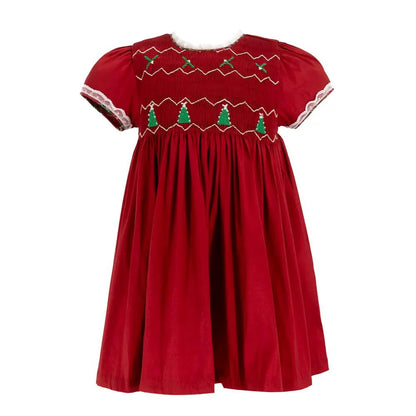 La Boutique by Dondolo Girls Dress - Red with Smocked Christmas Trees & Plaid Bows by Dondolo