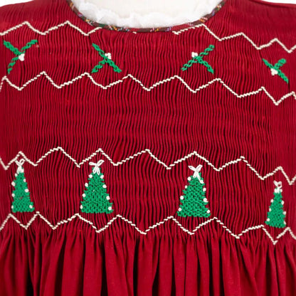 La Boutique by Dondolo Girls Dress - Red with Smocked Christmas Trees & Plaid Bows by Dondolo