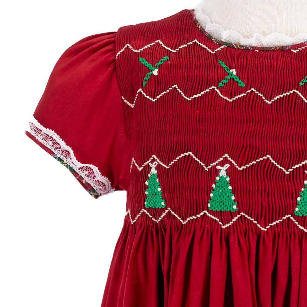 La Boutique by Dondolo Girls Dress - Red with Smocked Christmas Trees & Plaid Bows