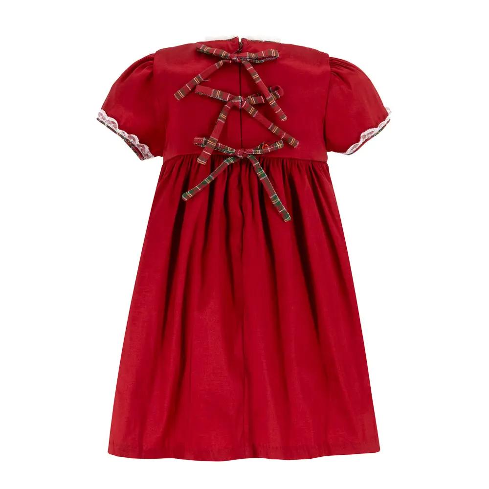 La Boutique by Dondolo Girls Dress - Red with Smocked Christmas Trees & Plaid Bows by Dondolo