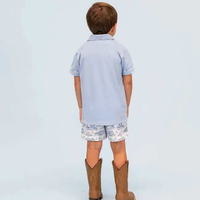 La Boutique by Dondolo Boys Polo & Shorts Set - Blue Dallas Texas Toile Print by Dondolo