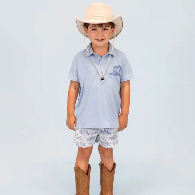 La Boutique by Dondolo Boys Polo & Shorts Set - Blue Dallas Texas Toile Print by Dondolo
