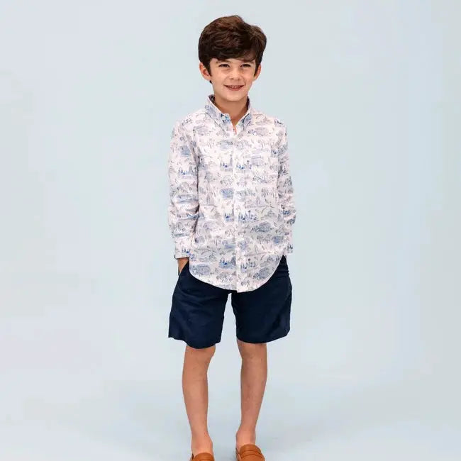 La Boutique by Dondolo Boys Button Down Shirt - Blue Dallas Texas Toile Print by Dondolo