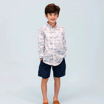 La Boutique by Dondolo Boys Button Down Shirt - Blue Dallas Texas Toile Print by Dondolo