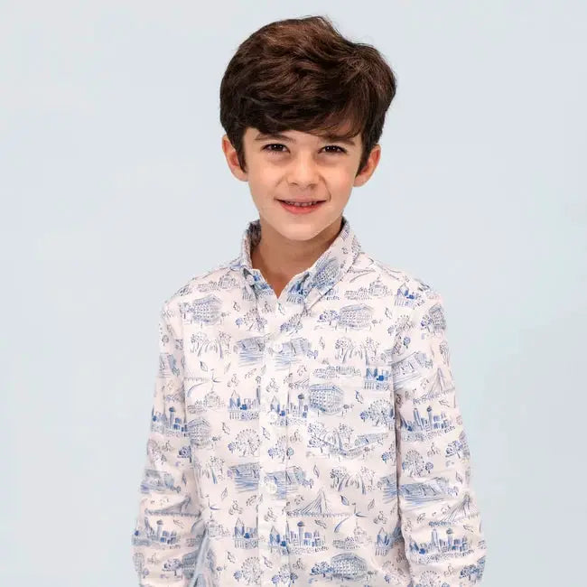 La Boutique by Dondolo Boys Button Down Shirt - Blue Dallas Texas Toile Print