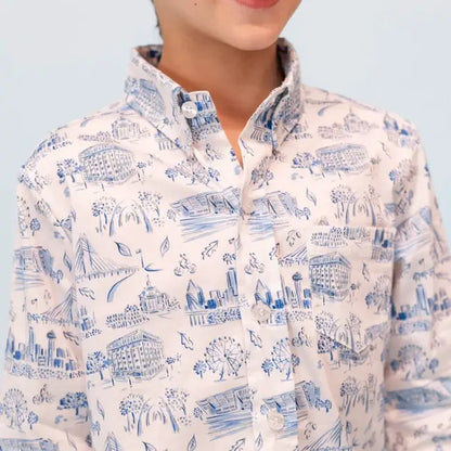 La Boutique by Dondolo Boys Button Down Shirt - Blue Dallas Texas Toile Print by Dondolo