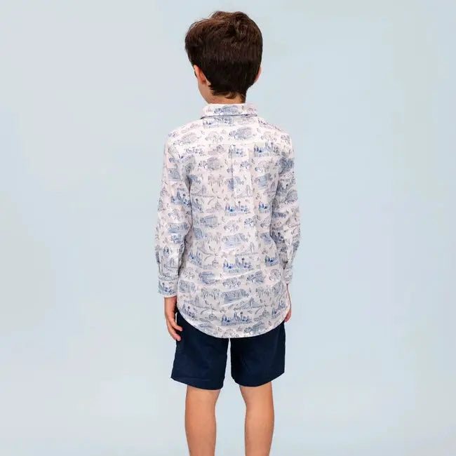 La Boutique by Dondolo Boys Button Down Shirt - Blue Dallas Texas Toile Print by Dondolo