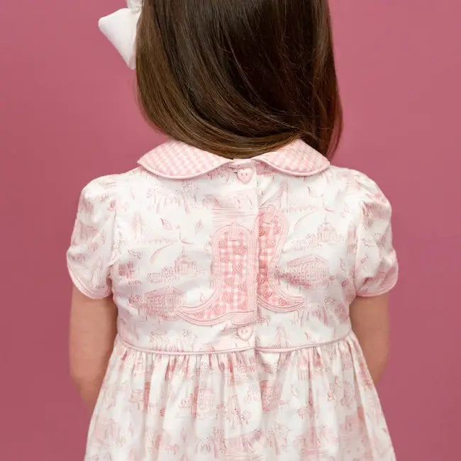 La Boutique by Dondolo Girls Dress - Pink Dallas Texas Toile Print