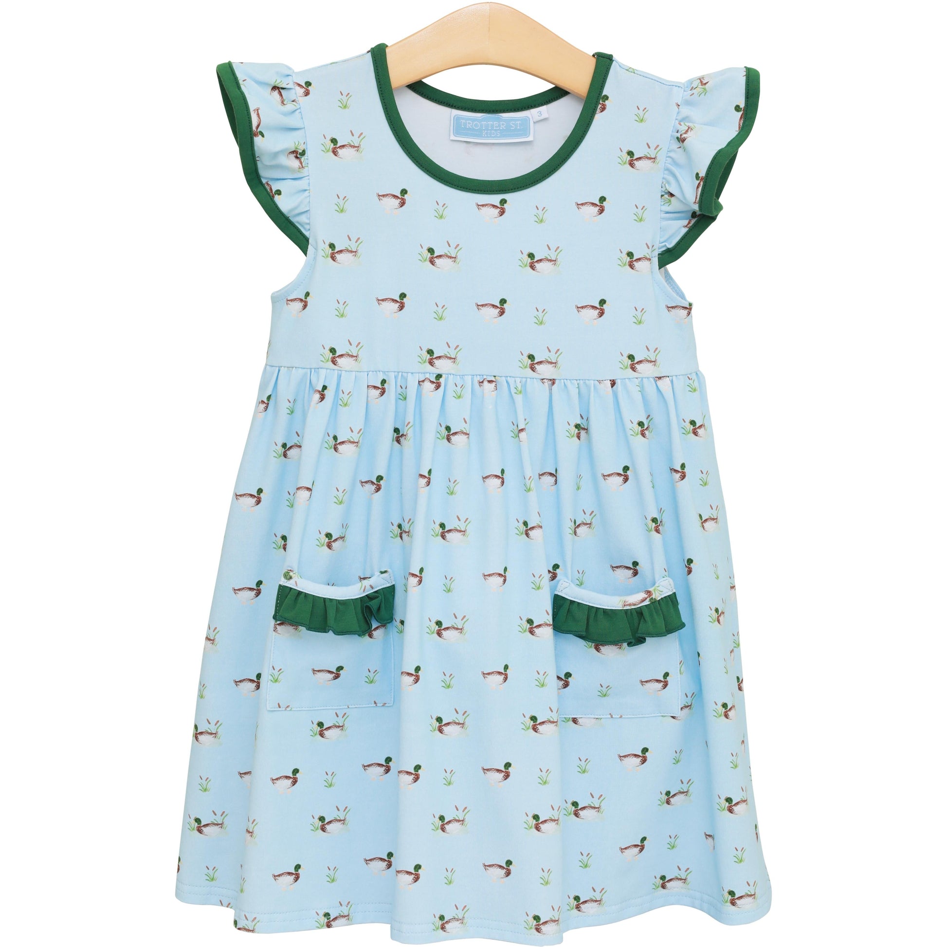Trotter Street Kids Girls Blue Mallard Ducks in a Row Pocket Dress
