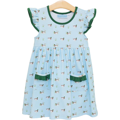 Trotter Street Kids Girls Blue Mallard Ducks in a Row Pocket Dress by Trotter Street Kids