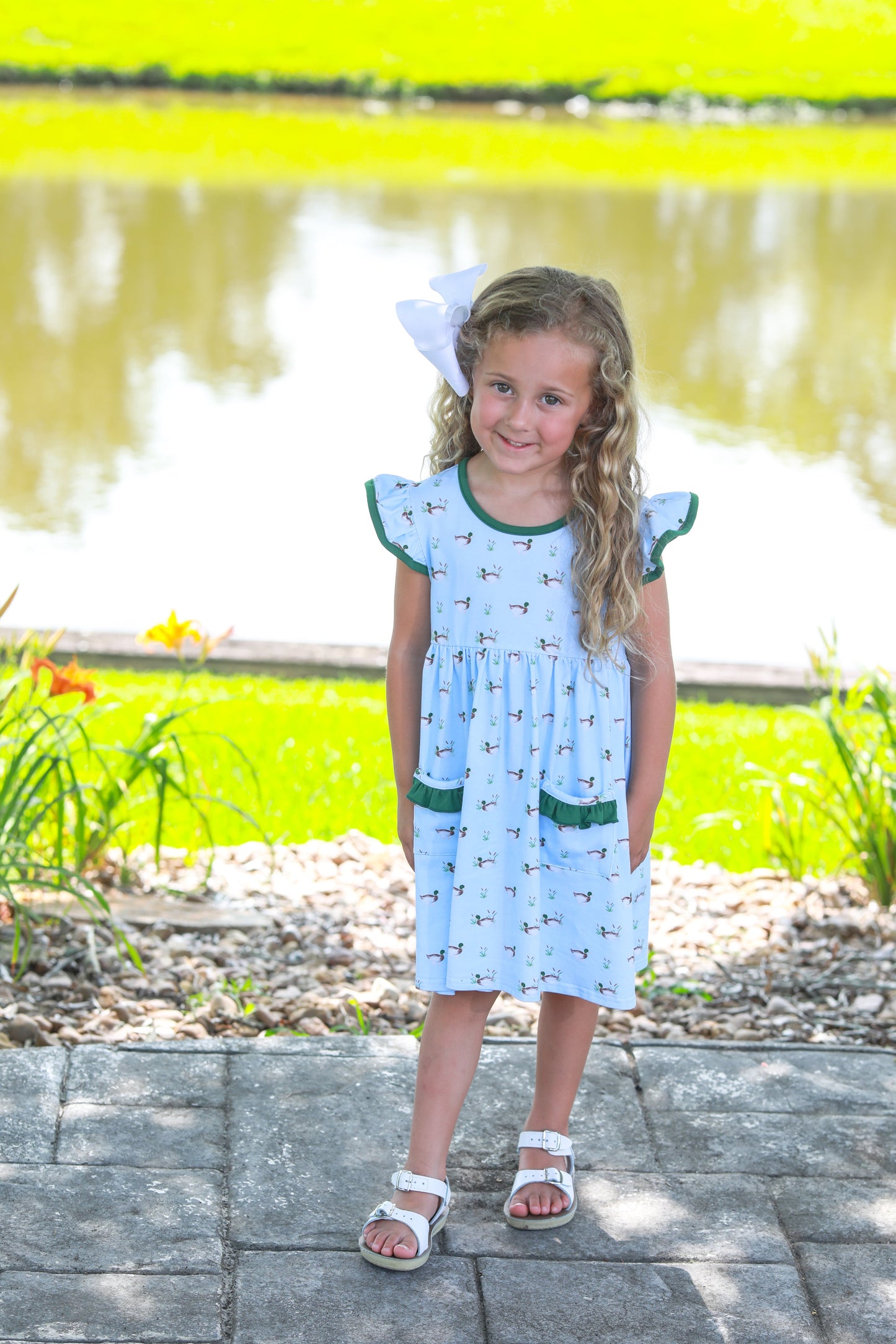 Trotter Street Kids Girls Blue Mallard Ducks in a Row Pocket Dress by Trotter Street Kids