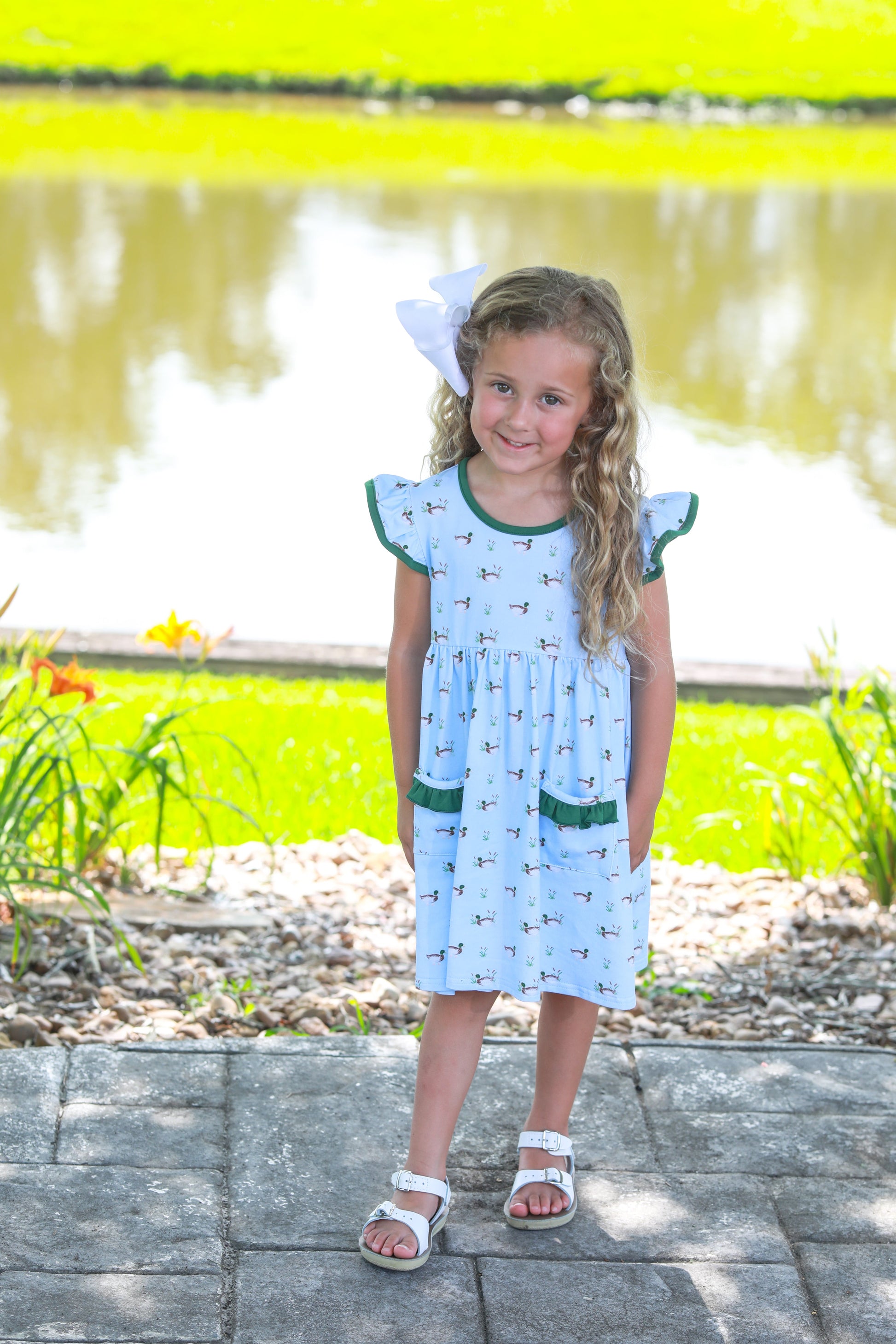Trotter Street Kids Girls Blue Mallard Ducks in a Row Pocket Dress