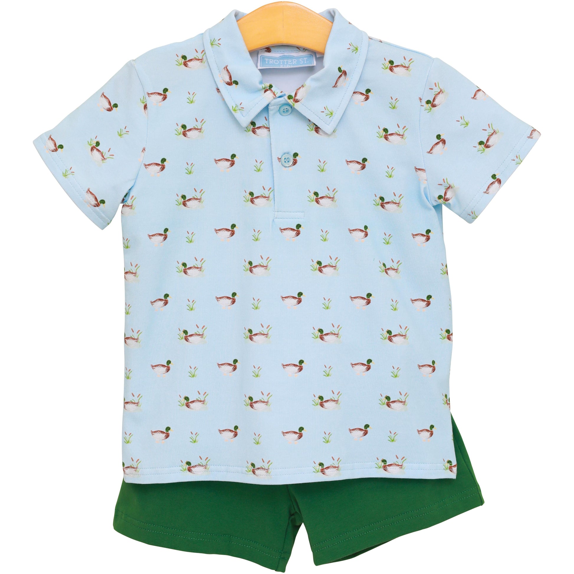 Trotter Street Kids Boys Blue Mallard Ducks Polo Shirt with Green Shorts