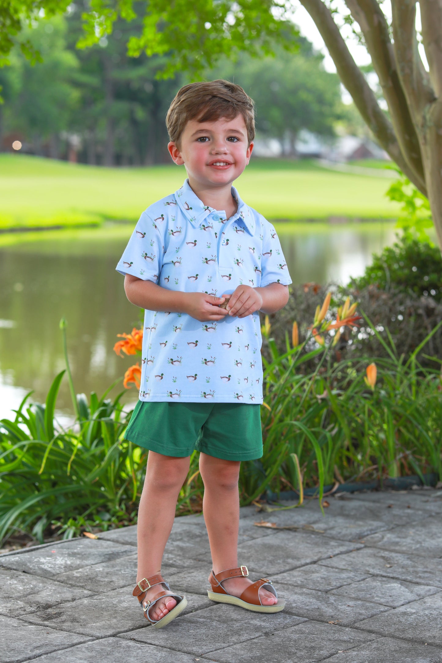 Trotter Street Kids Boys Blue Mallard Ducks Polo Shirt with Green Shorts by Trotter Street Kids