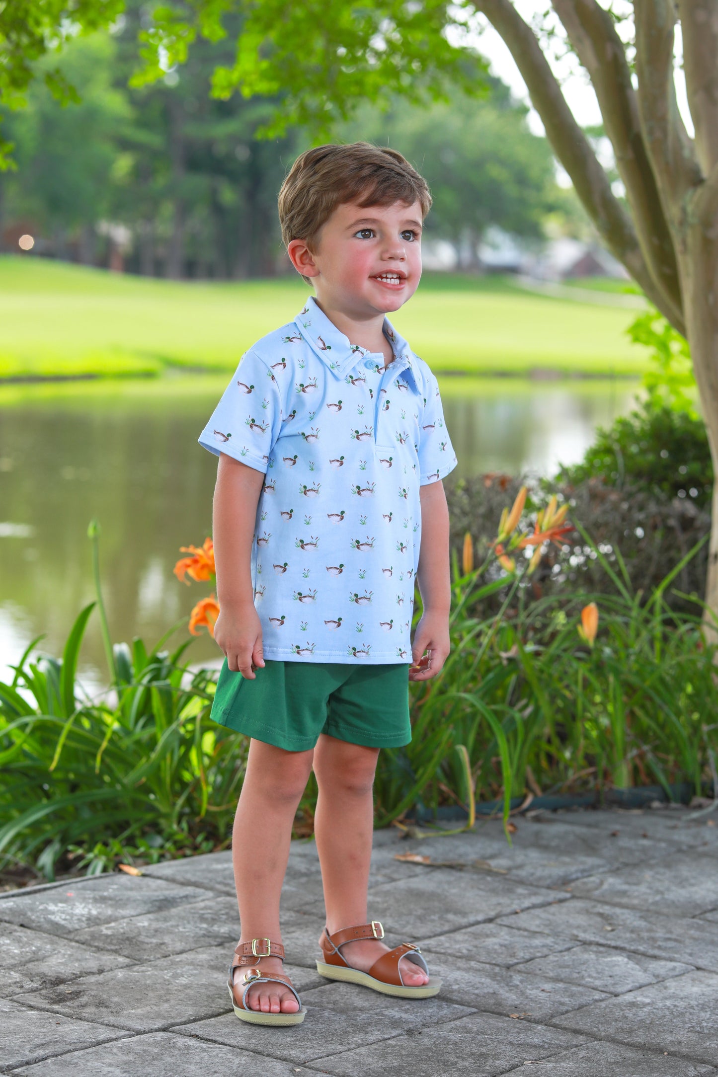 Trotter Street Kids Boys Blue Mallard Ducks Polo Shirt with Green Shorts by Trotter Street Kids