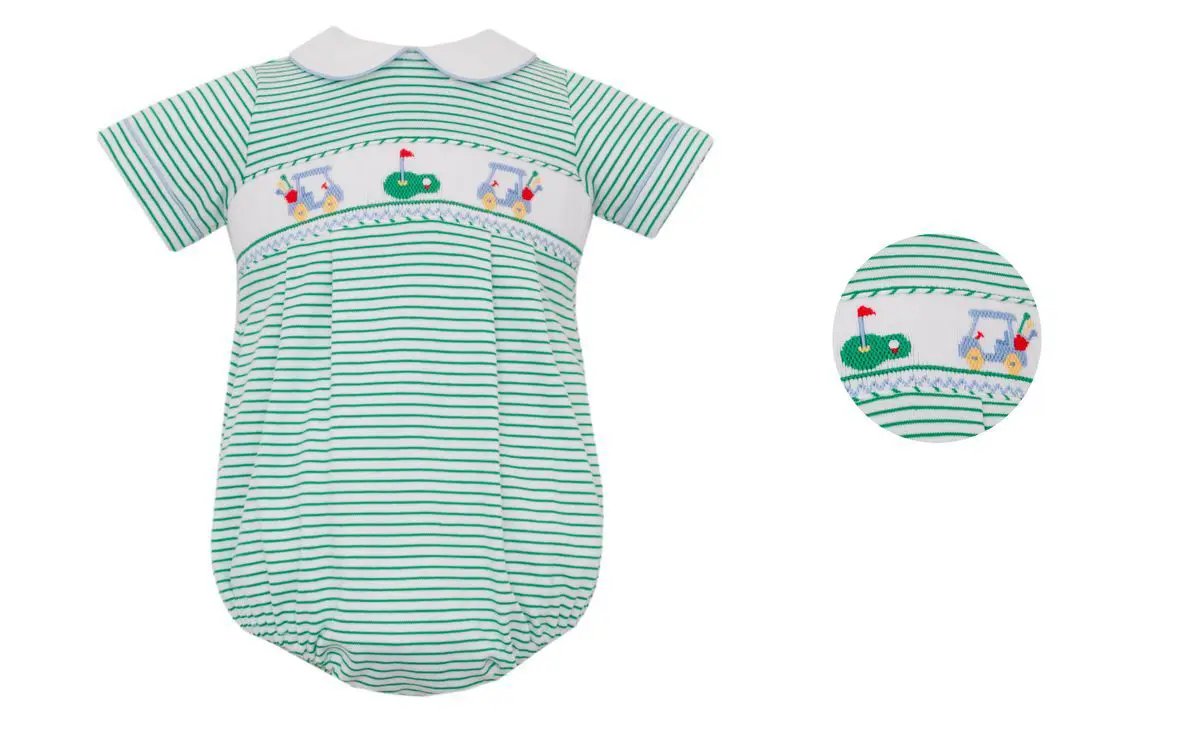 Petit Bebe Knits Boys Green Stripe Knit Bubble - Golf Cart by Petit Bebe