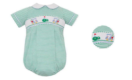 Petit Bebe Knits Boys Green Stripe Knit Bubble - Golf Cart by Petit Bebe