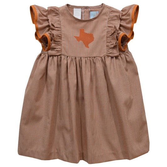 Vive la Fete Girls Embroidery Rust Gingham Ruffle Dress - Texas
