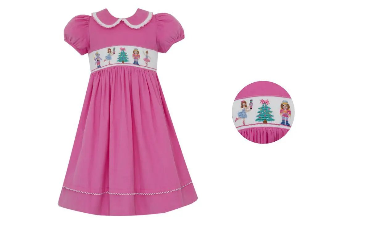 Anavini Girls Pink Corduroy Nutcracker Short Sleeve Dress
