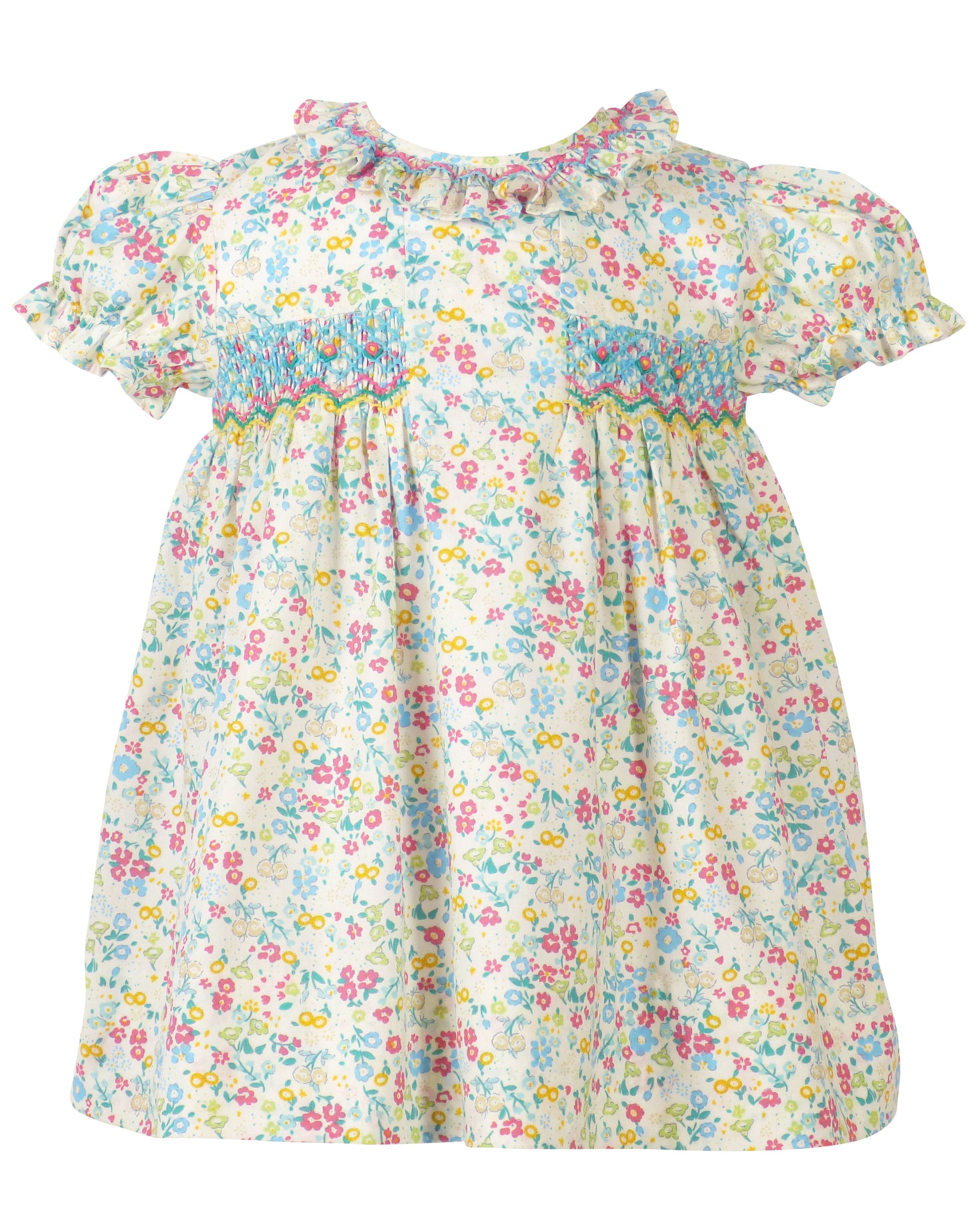 Yellow Lamb Girls Blue Floral Smocked Elise Dres
