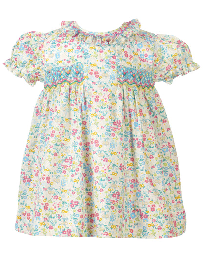 Yellow Lamb Girls Blue Floral Smocked Elise Dres