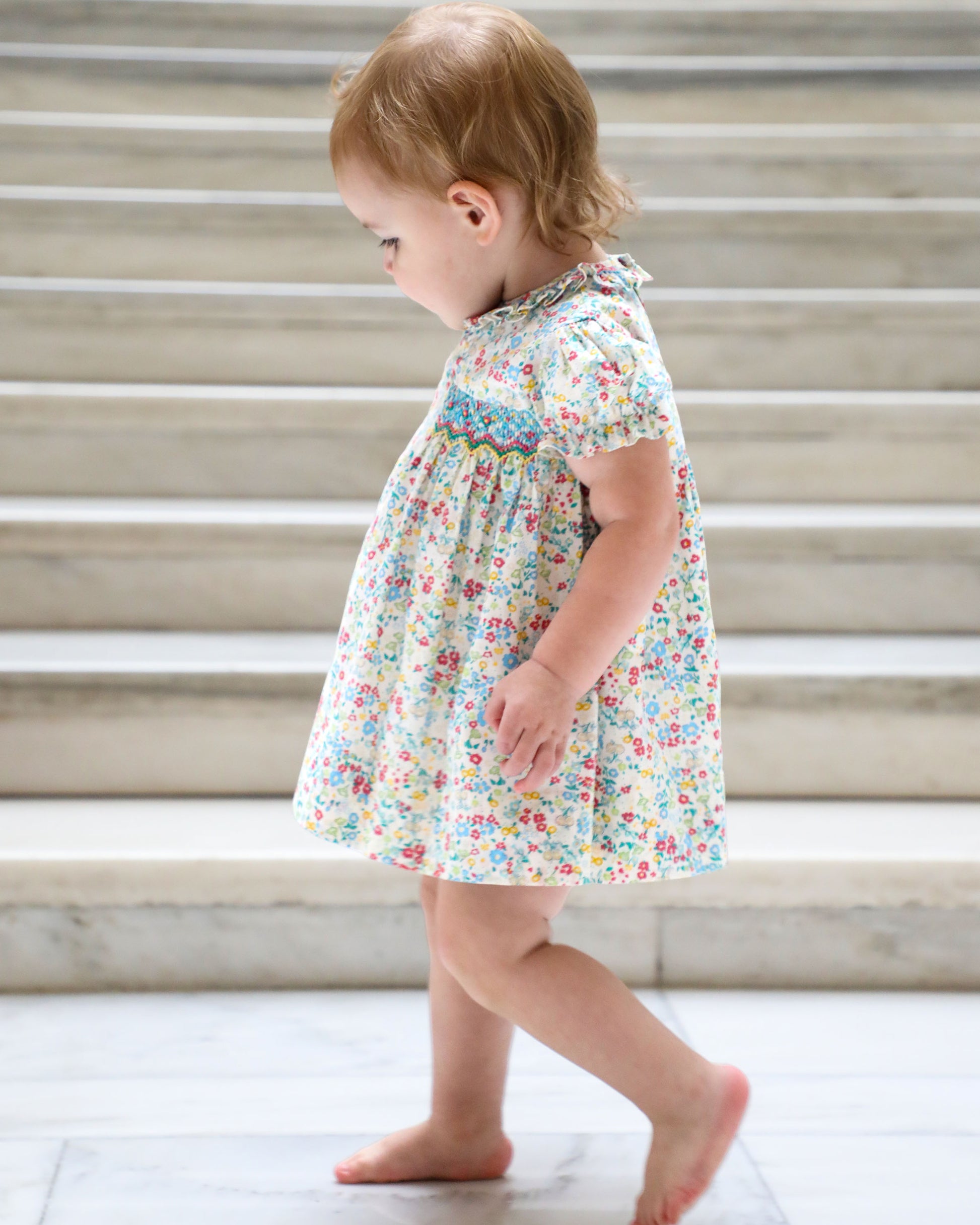 Yellow Lamb Girls Blue Floral Smocked Elise Dres
