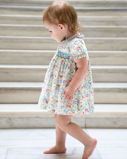 Yellow Lamb Girls Blue Floral Smocked Elise Dres