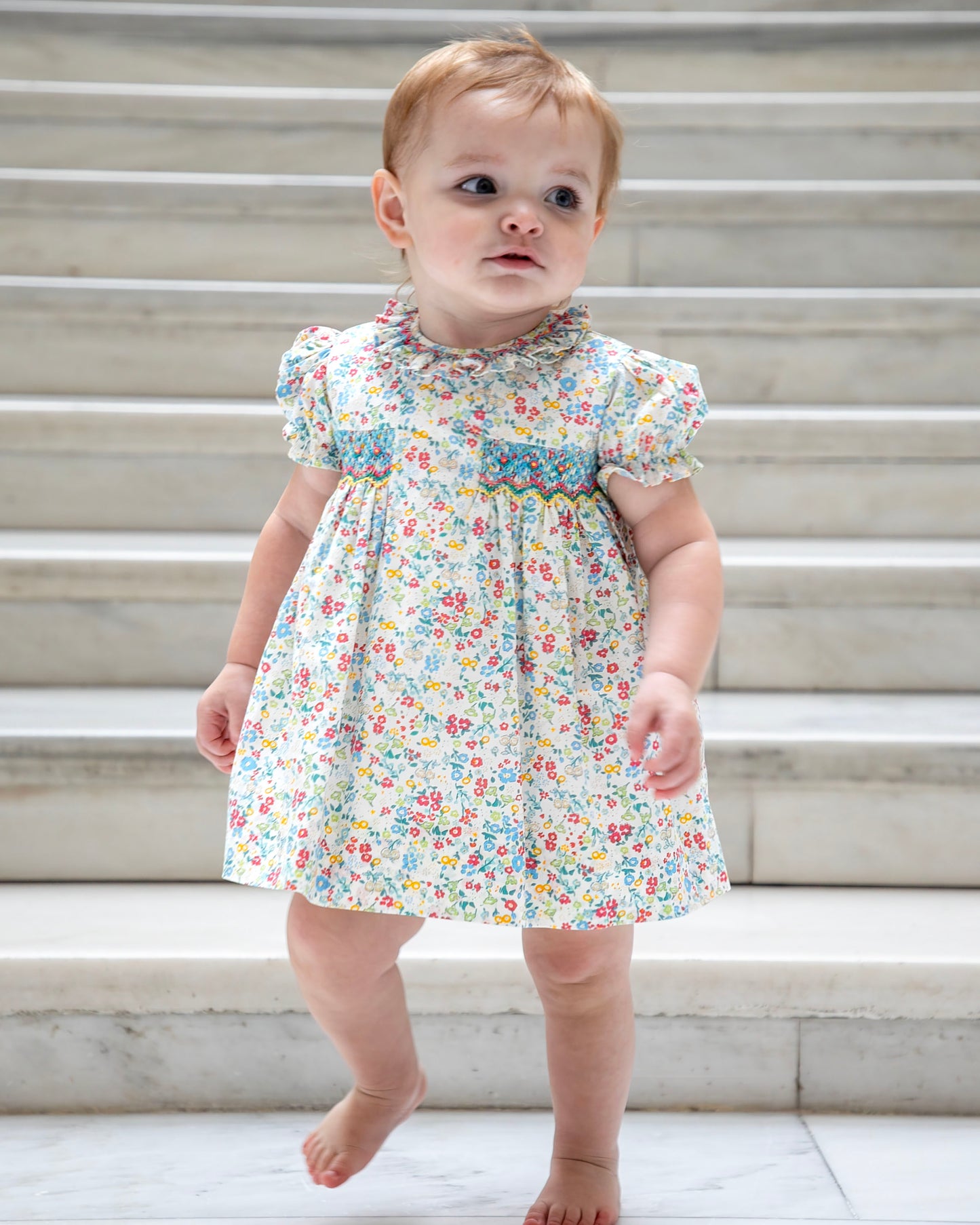 Yellow Lamb Girls Blue Floral Smocked Elise Dres