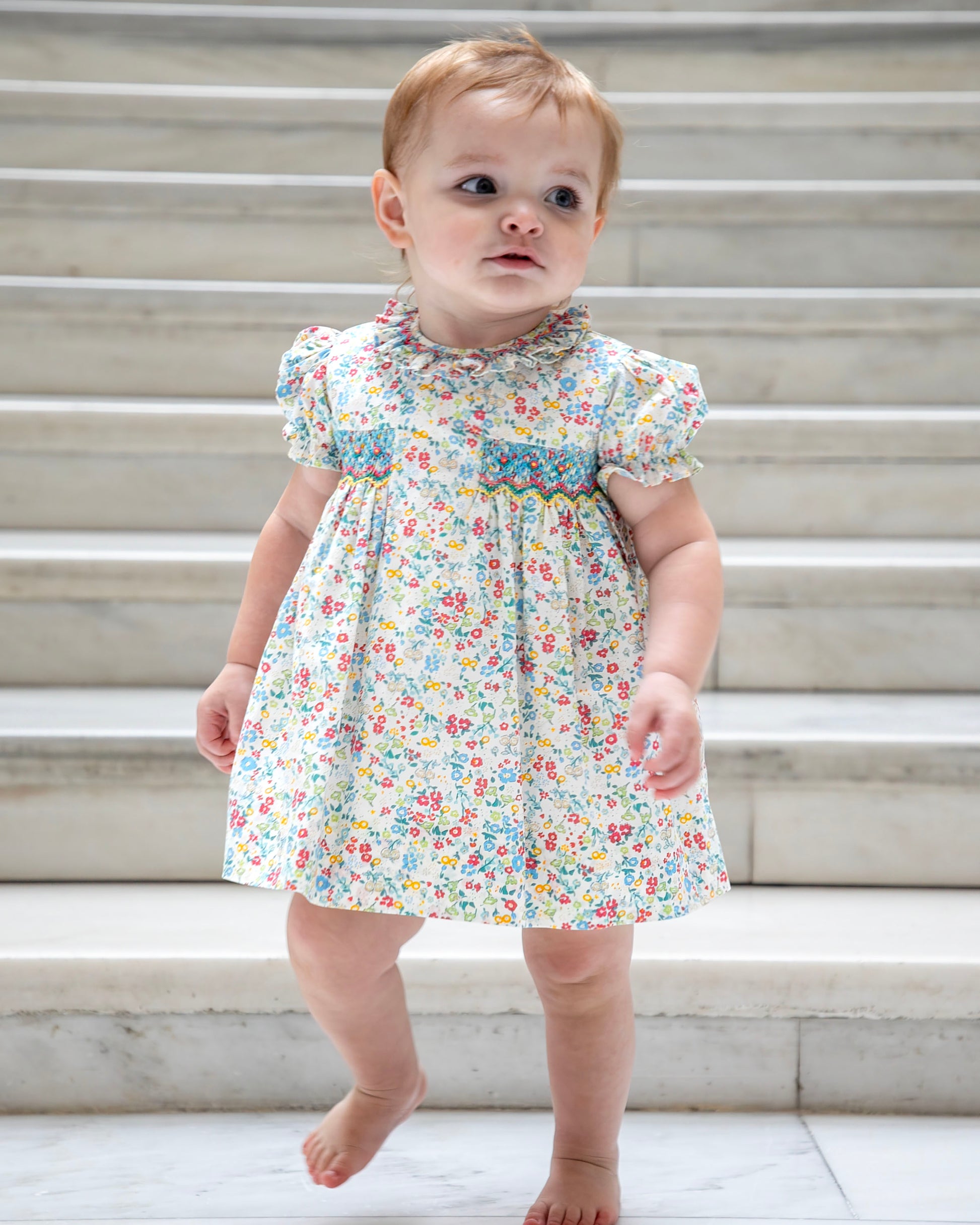 Yellow Lamb Girls Blue Floral Smocked Elise Dres