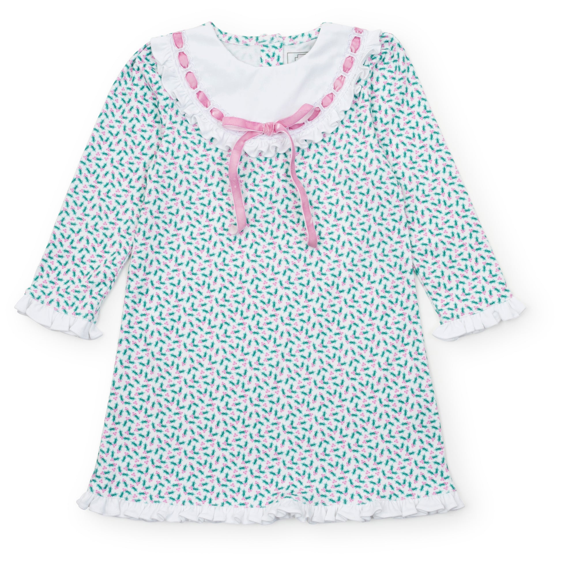 Lila & Hayes Girls Emersyn Dress - Green Holly Holiday with Pink Ribbon Trim