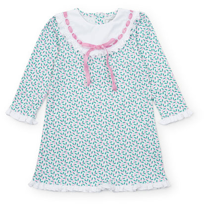 Lila & Hayes Girls Emersyn Dress - Green Holly Holiday with Pink Ribbon Trim by Lila & Hayes