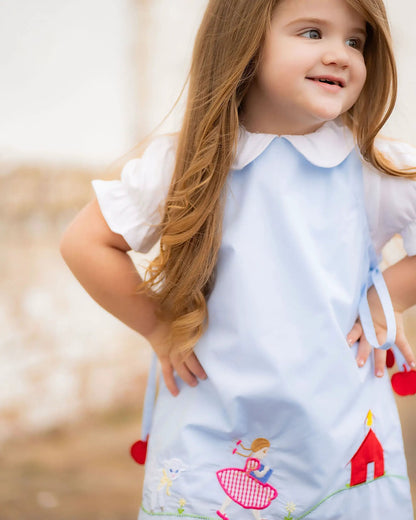 Yellow Lamb Girls Blue Emma Jumper Dress - Mary Had a Little Lamb for School