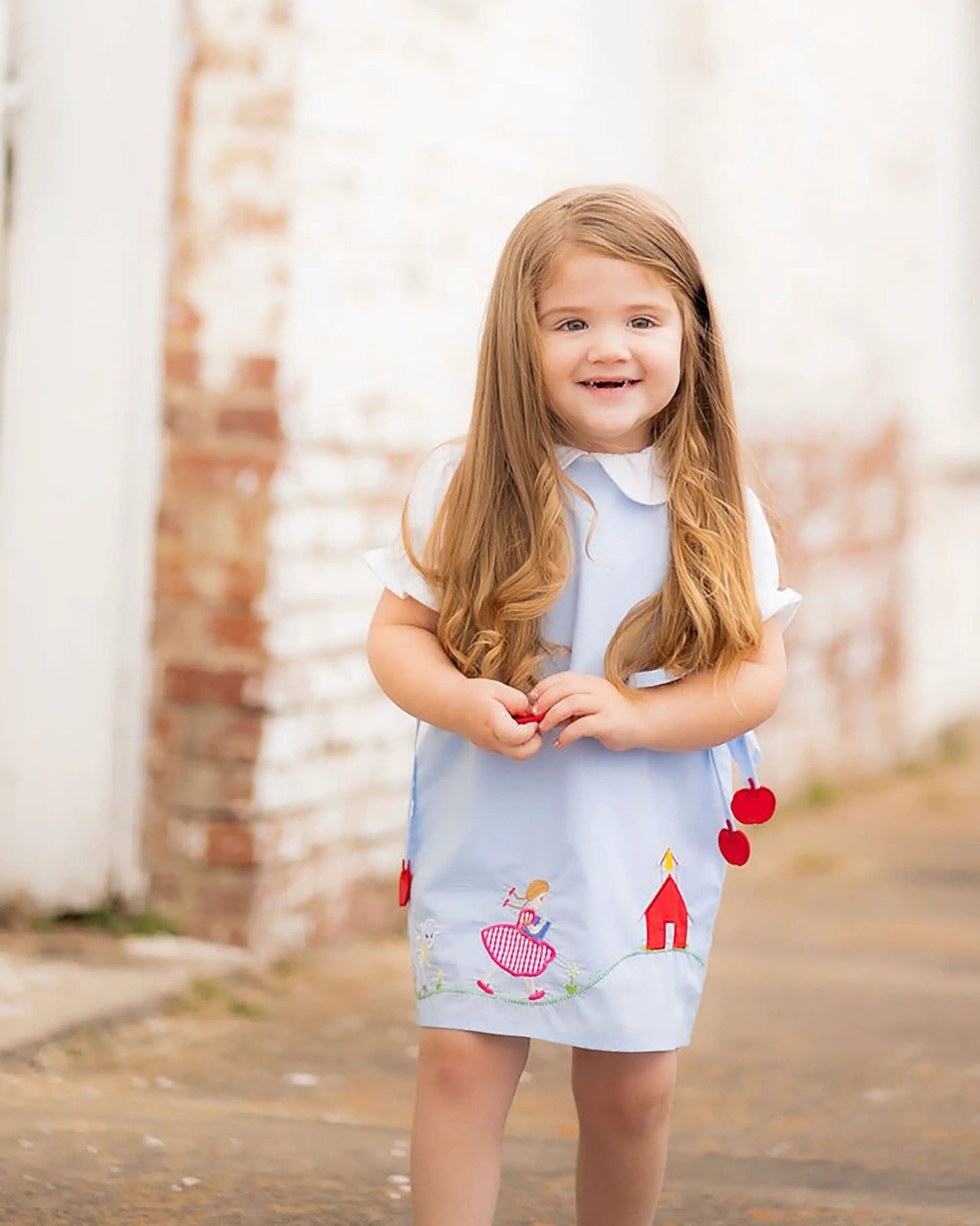 Yellow Lamb Girls Blue Emma Jumper Dress - Mary Had a Little Lamb for School