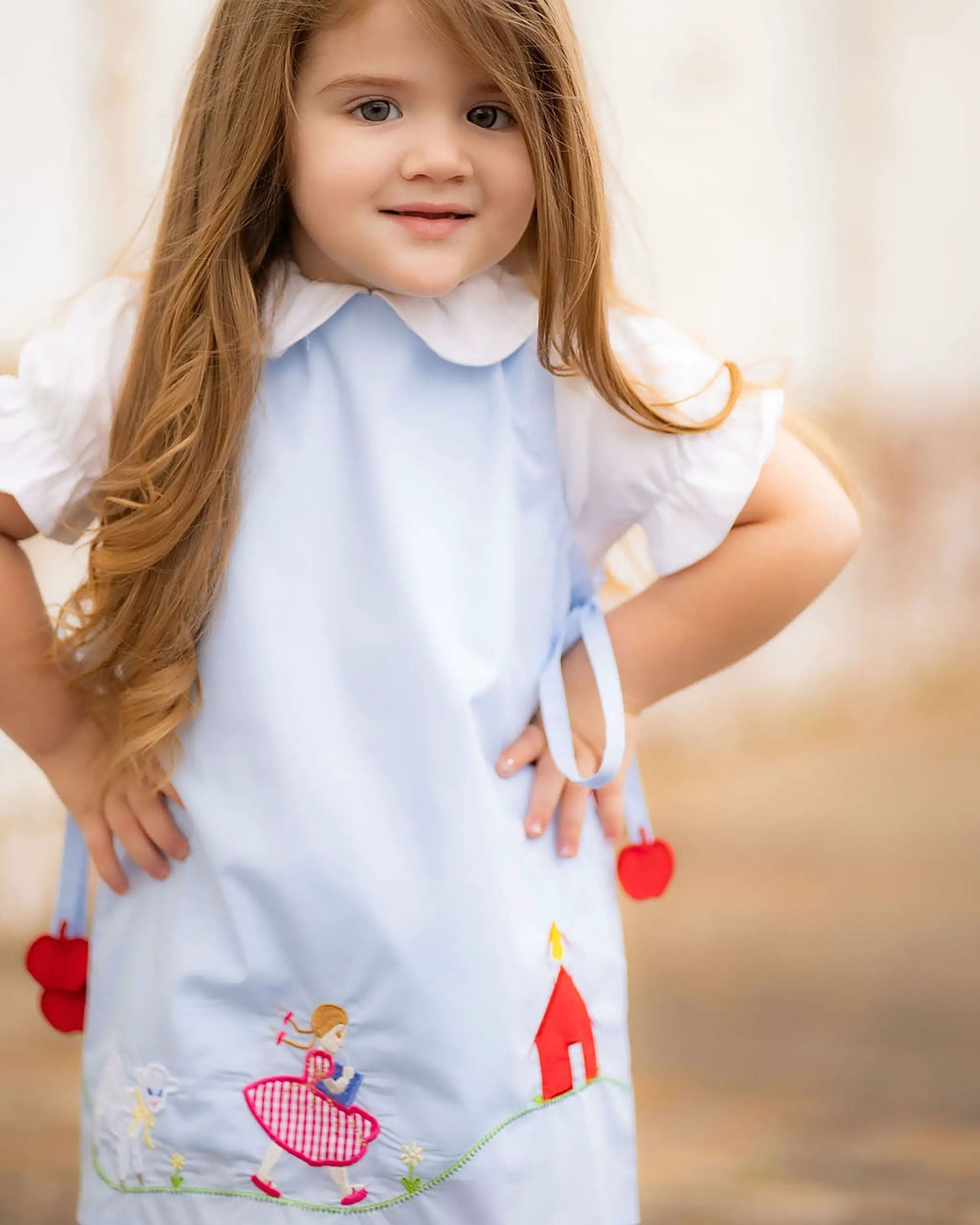 Yellow Lamb Girls Blue Emma Jumper Dress - Mary Had a Little Lamb for School