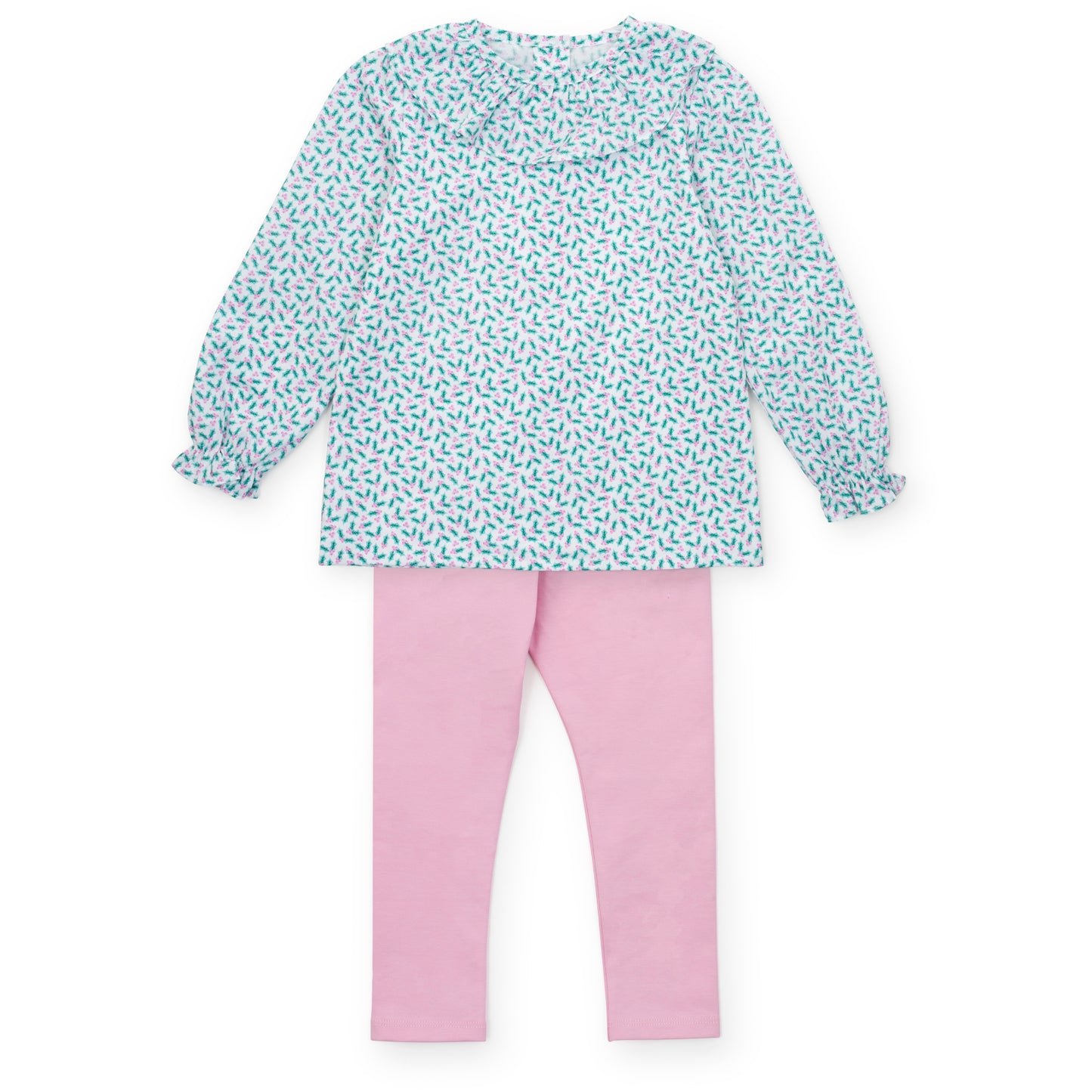 Lila & Hayes Girls Emma Pink Leggings Set - Green Holly Holiday Top by Lila & Hayes