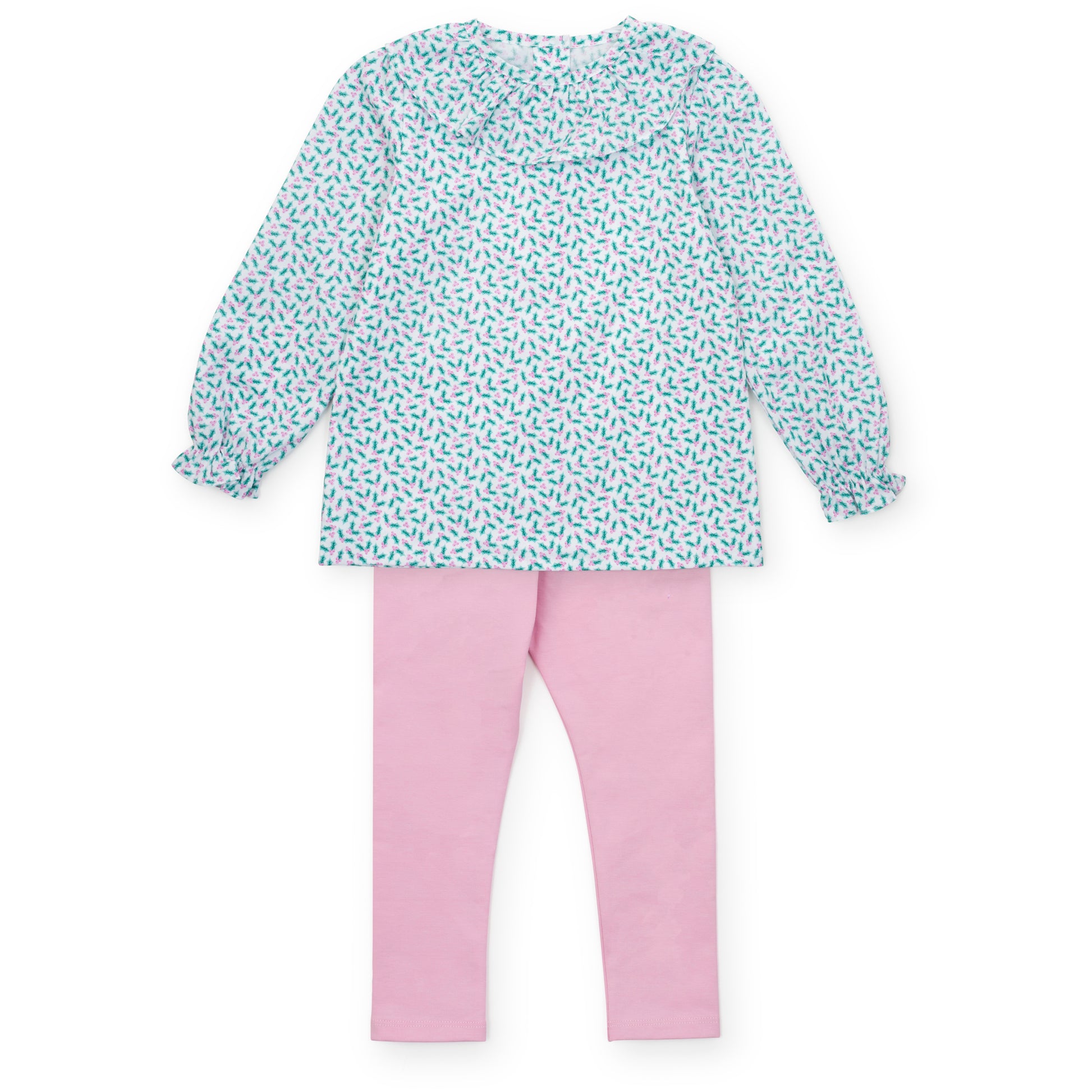 Lila & Hayes Girls Emma Pink Leggings Set - Green Holly Holiday Top